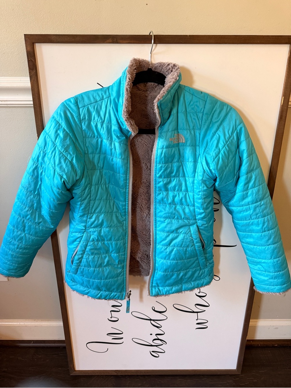 The North Face Girls' Teal Reversible Puffer Jacket with Brown Faux-Fur
